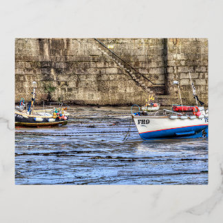 Newquay Harbor Fishing Boats Foil Holiday Postcard