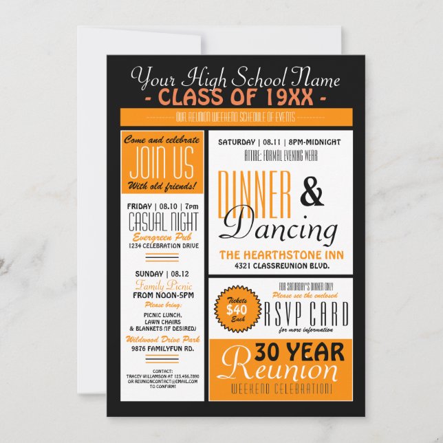 Newsletter Style High School Reunion Invitation (Front)