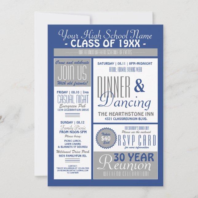 Newsletter Style High School Reunion Invitation (Front)