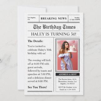 Newspaper 30th Birthday Funny Magazine Cover Photo Invitation