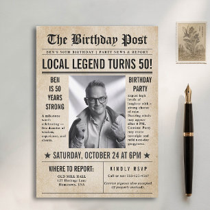 Newspaper Birthday News Funny Humorous Men 50th Invitation