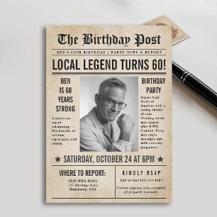 Newspaper Birthday News Funny Humorous Men 60th Invitation
