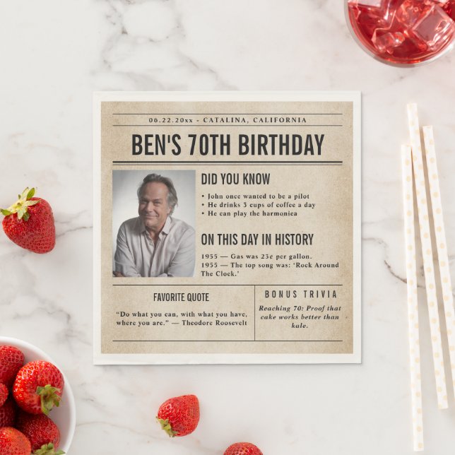 Newspaper Birthday News Funny Humorous Men 70th Napkin (Insitu)