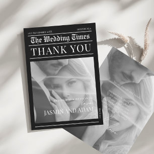 Newspaper Black Dark Mode Unique Photo Wedding Thank You Card