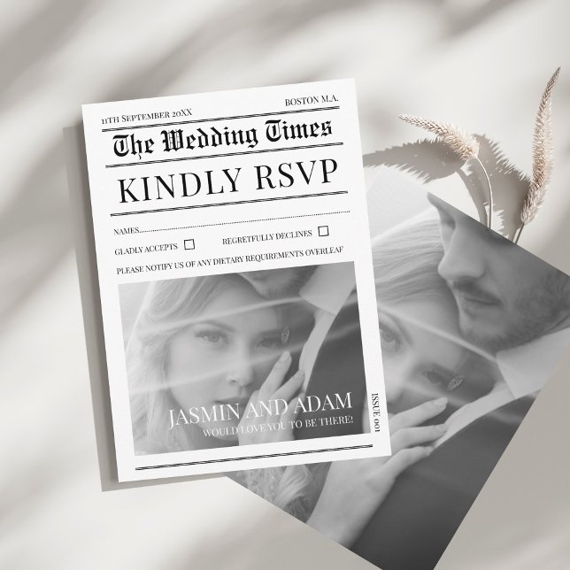 Newspaper Black White Unique Photo Wedding RSVP Enclosure Card (Newspaper Black White Unique Photo Wedding RSVP Enclosure Card)