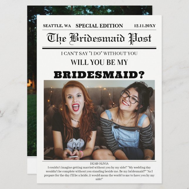 Newspaper Bridesmaid Proposal Card (Front/Back)