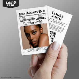 Newspaper Business Card, Aesthetician Calling Card