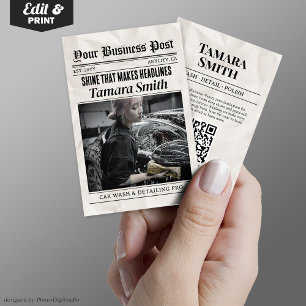Newspaper Business Card, Car Wash & Auto Detailing Calling Card