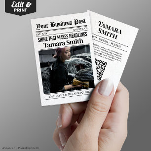 Newspaper Business Card, Car Wash & Auto Detailing Calling Card