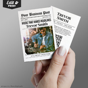 Newspaper Business Card, Live DJ Music Producer Calling Card