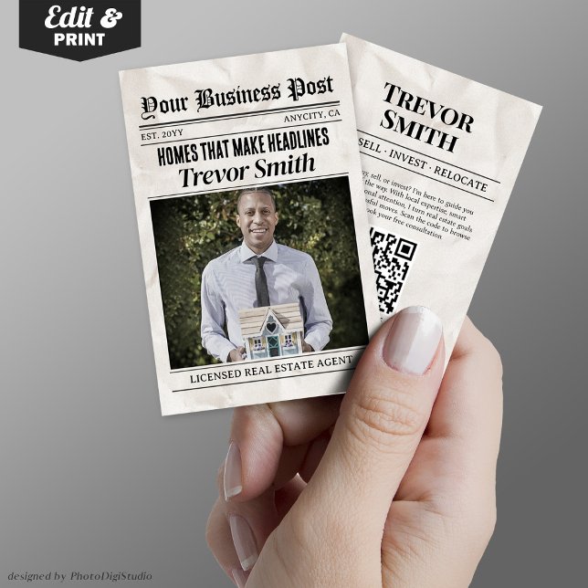 Newspaper Business Card,  Modern Real Estate Agent Calling Card (Newspaper Business Card,  Modern Real Estate Agent)