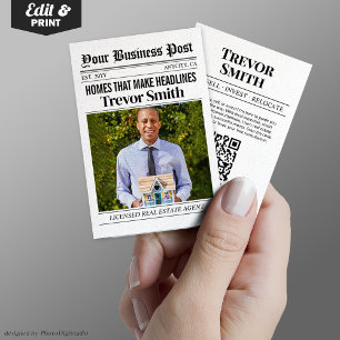 Newspaper Business Card, Modern Real Estate Agent Calling Card