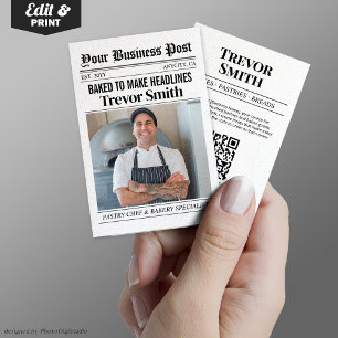 Newspaper Business Card, Pastry Chef & Baker Calling Card
