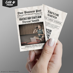Newspaper Business Card, Personal Fitness Coach  Calling Card