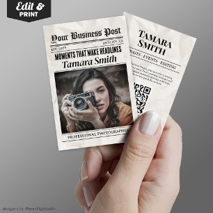 Newspaper Business Card, Professional Photographer Calling Card