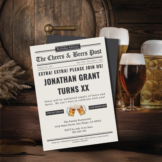 Newspaper Cheers & Beers Brewery Birthday Party Invitation (Newspaper Cheers & Beers Brewery Birthday Party Invitation)
