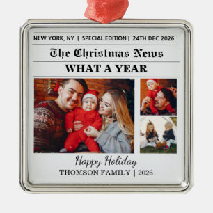 Newspaper Christmas Family 3 Photo Collage  Metal Tree Decoration