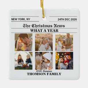 Newspaper Christmas Family 6 Photo Collage Ceramic Ornament