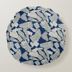Newspaper Cutting Pattern 01x4.b DBlue Round Cushion
