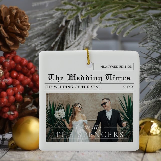 Newspaper Design | Newlyweds Photo Ceramic Ornament (Creator Uploaded)