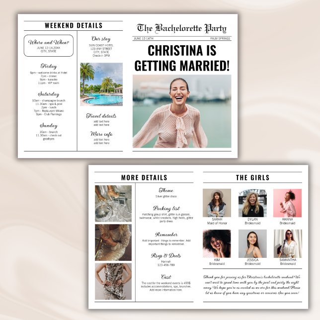Newspaper Details Bachelorette Weekend Itinerary Card (newspaper bachelorette party invitation details weekend itinerary destination bach party)