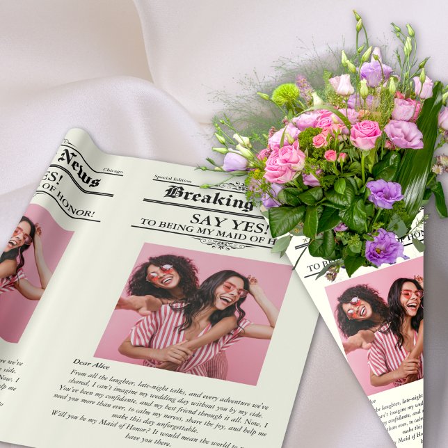 Newspaper Flower Wrap Photo Maid of Honour  Wrapping Paper (Newspaper Flower Wrap Photo Maid of Honor Wrapping Paper)