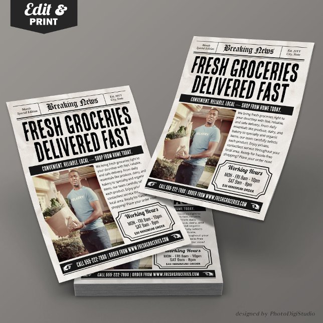 Newspaper Flyer, Retro Groceries Delivery Service Flyer (Newspaper Flyer, Retro Groceries Delivery Service Flyer)