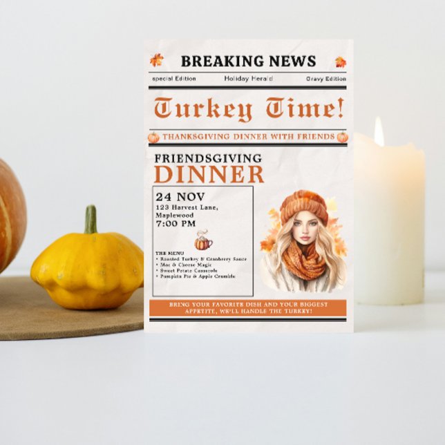 Newspaper Friendsgiving Dinner Thanksgiving Fall Invitation (Newspaper Friendsgiving Dinner Thanksgiving Fall Invitation simple minimalist pumpkin funny unique)