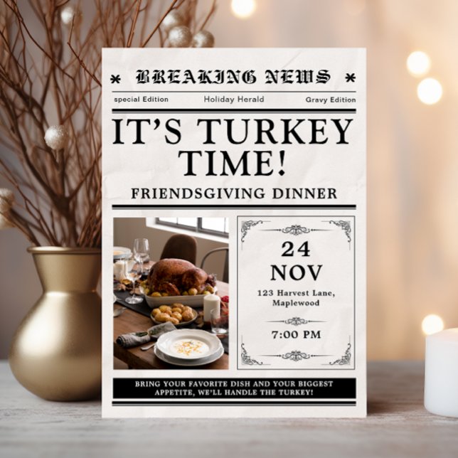 Newspaper Friendsgiving Dinner Thanksgiving Fall Invitation (thanksgiving invitations dinner friendsgiving party feast rustic fall leaves newspaper style vintage)