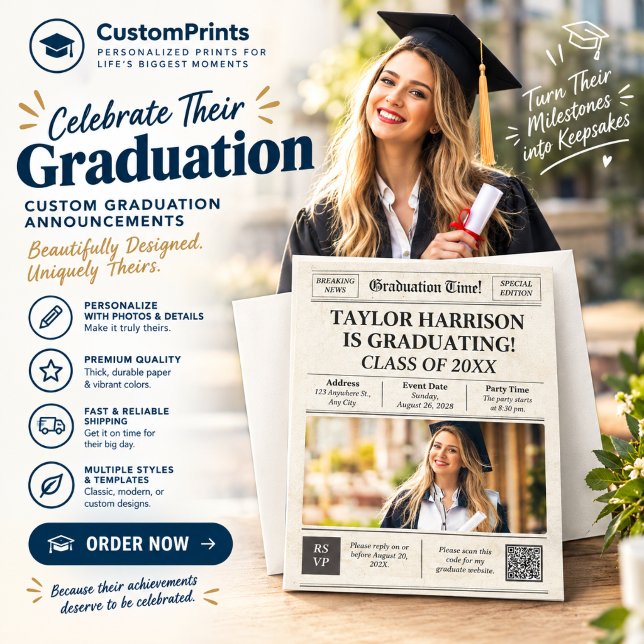 Newspaper Front Page Class of 2027 Bold   Invitation (Classic Black Grey Photo Graduation Announcement Keepsake)