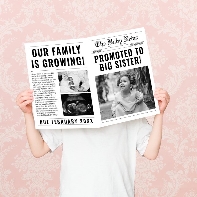 Newspaper Funny Big Sister Pregnancy Announcement (promoted to big sister newspaper sibling pregnancy announcement card)