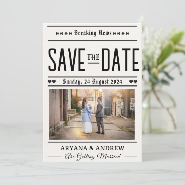 newspaper funny save the dates invitation (Standing Front)