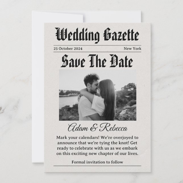 newspaper funny save the dates invitation (Front)