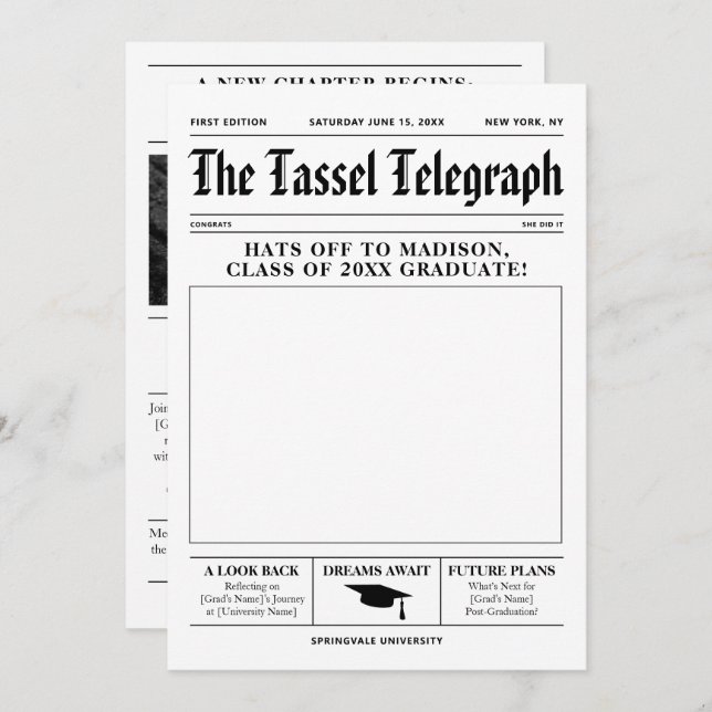 Newspaper Graduation Card Invitation Announcement (Front/Back)