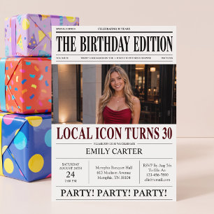 Newspaper Headline Funny 30th Birthday Party Invitation