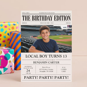 Newspaper Headline Funny Boy's Birthday Party Invitation