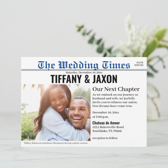 Newspaper Horizontal Blue Wedding Invitation (Standing Front)