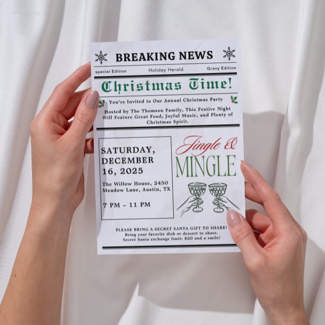 Newspaper Jingle and Mingle Cocktail Christmas  Invitation (newspaper jingle and mingle christmas invitations exchange christmas cocktail party white elephant )