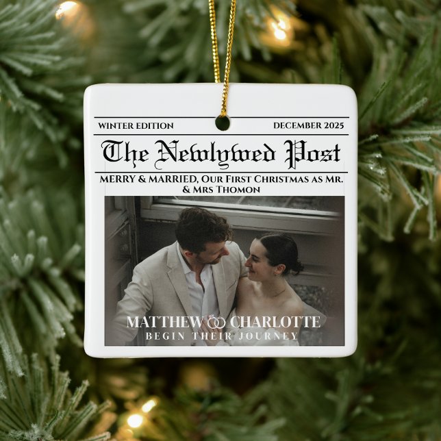 Newspaper Merry and Married Holiday Accents Photo Ceramic Ornament (merry and married holiday accents elegant modern mr and mrs newlyweds first christmas keepsake)