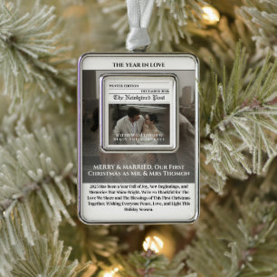 Newspaper Merry and Married Photo Silver Plated Framed Ornament