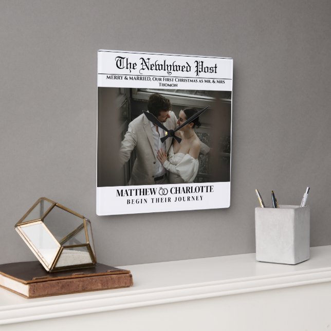 Newspaper Merry and Married Photo Square Wall Clock (Office)