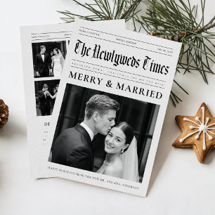 Newspaper Newlywed Black and White Photo Christmas Holiday Card