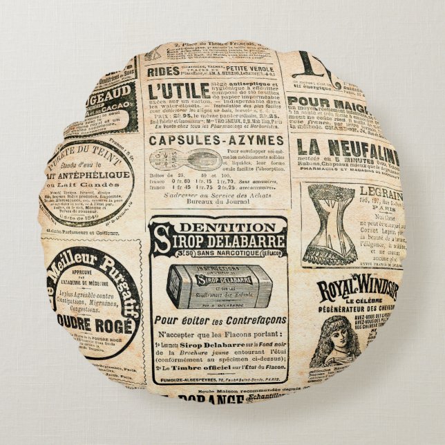 Newspaper page with advertisement - Vintage engrav Round Cushion (Front)