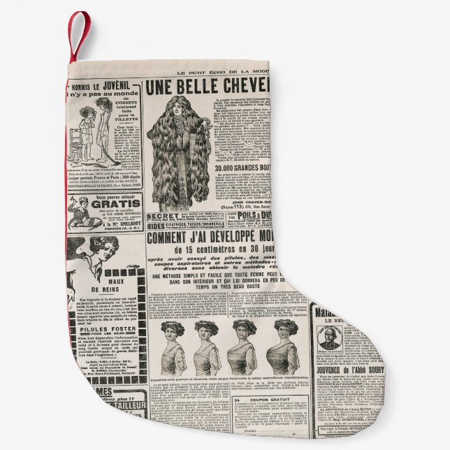 Newspaper page with antique advertisement small christmas stocking (Front)