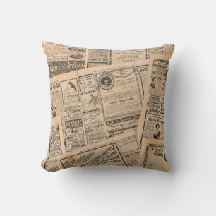 Newspaper pages with antique advertising. vintage cushion
