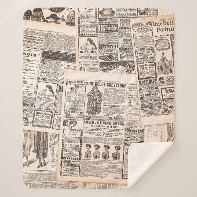 Newspaper pages with antique advertising. Woman's  Sherpa Blanket (Front)