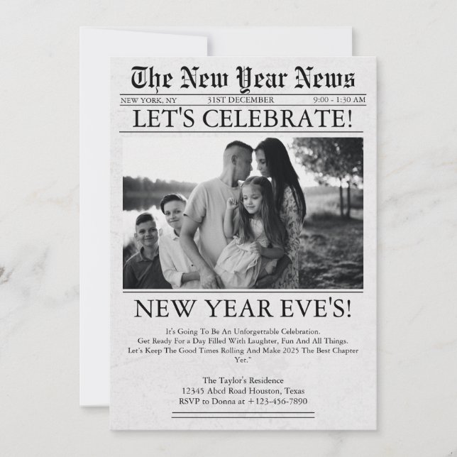 Newspaper Paper Unique Celebration New Year Eve's  Invitation (Front)