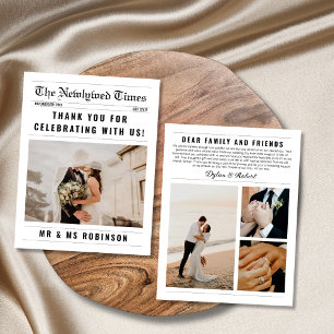 Newspaper Photo Collage Elegant Wedding Thank You Card