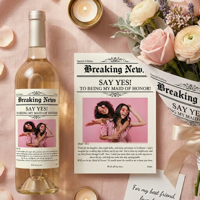 Newspaper Photo Maid of Honor or Bridesmaid  Sparkling Wine Label (Bridesmaid proposal wine label)