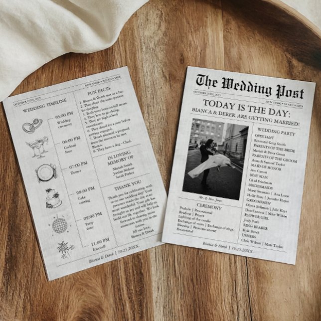 Newspaper Photo Wedding Program Timeline Invitation (Newspaper Wedding Invitation with Timeline, Wedding Party)